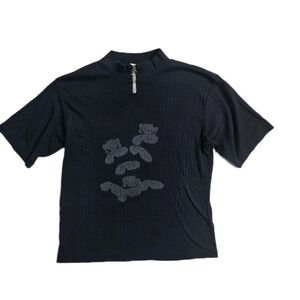 Vintage ‎ B.E. Women's Top Shirt  L Knit Ribbed Black Floral 90's Boho Retro